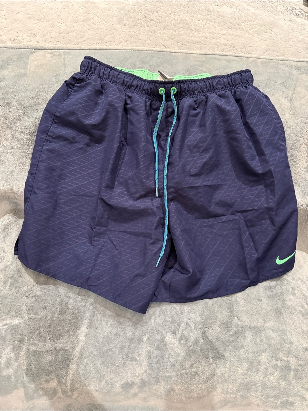 Nike Navy Athletic Shorts with Green Swoosh and Teal Drawcord